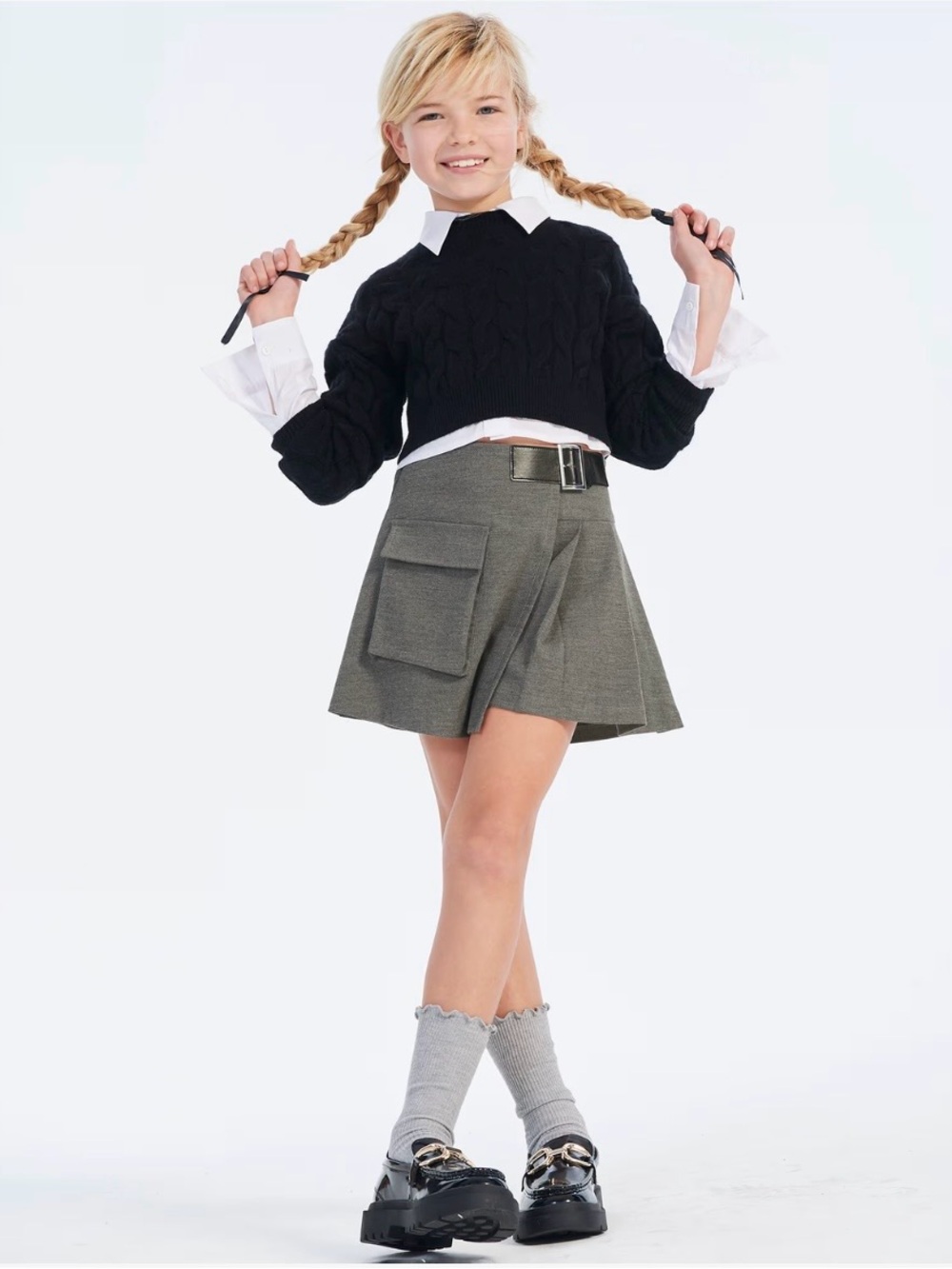 ELSY Girls Utility Pocket Buckle Belt Detail Pleated Skort/Skirt, Gray, 12Y